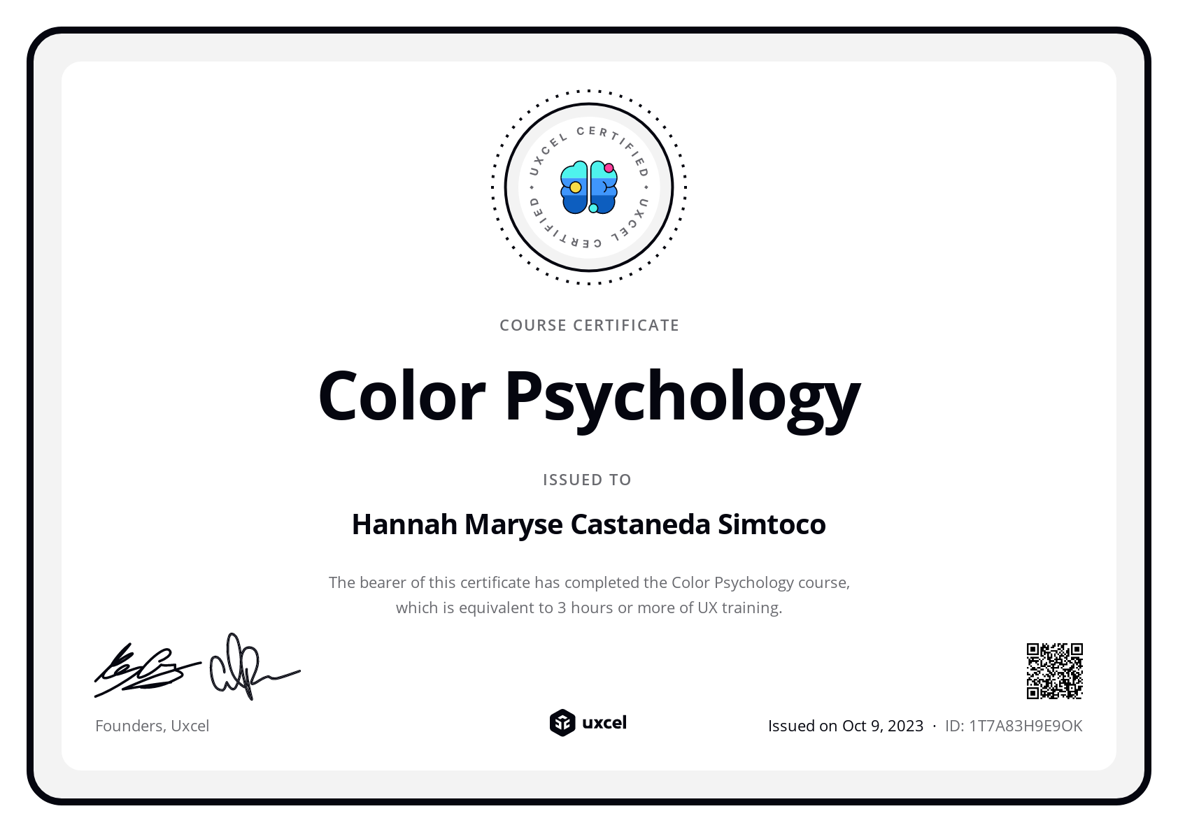 Hannah Maryse Castaneda Simtoco's certificate
